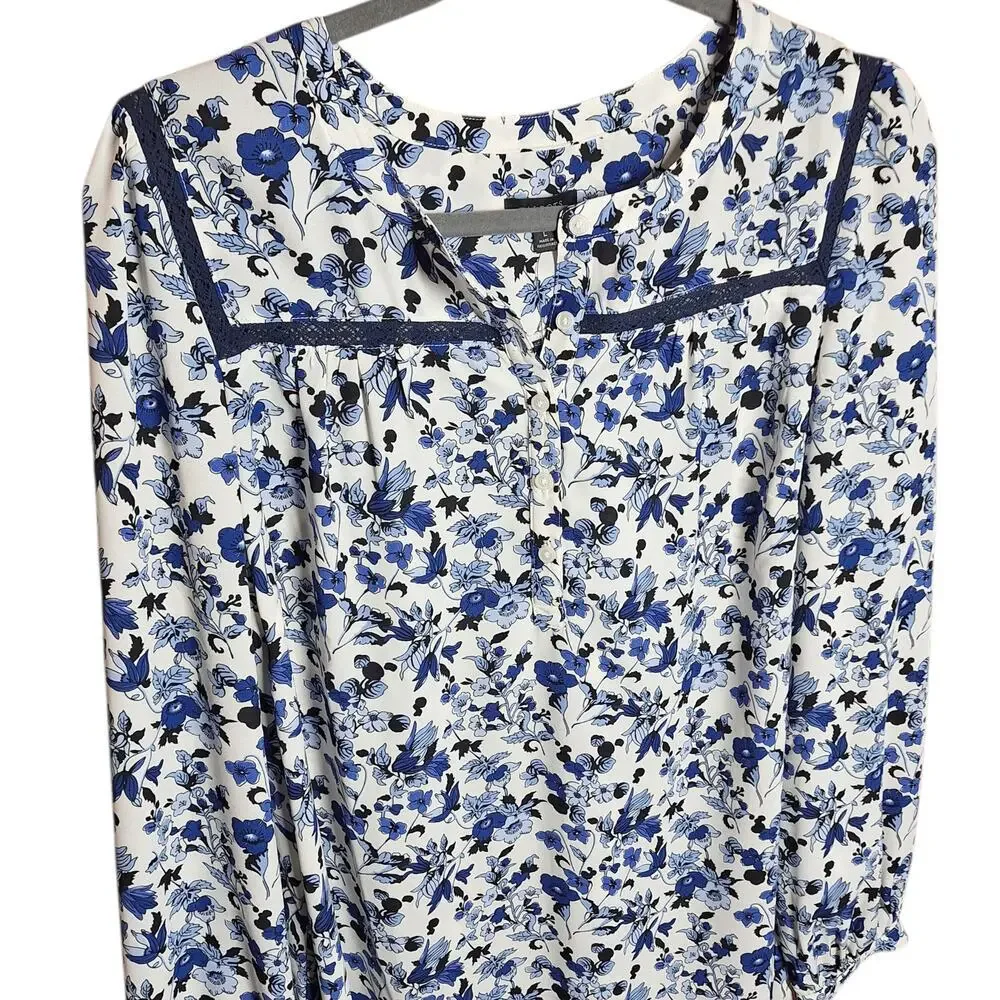 Talbots NEW floral blue puppy flower print peasant style button blouse L boho